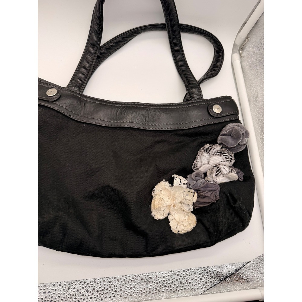 Thirty-One Shoulder Bag Womens Medium Black Floral Lace Rosette Canvas Tote